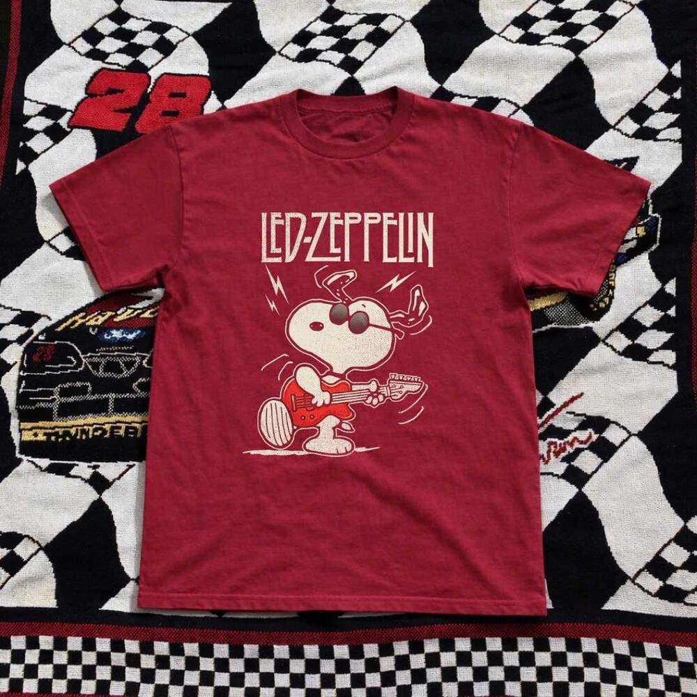 Snoopy Playing Guitar Led Zeppelin Shirt - Red Retro Rock Tee